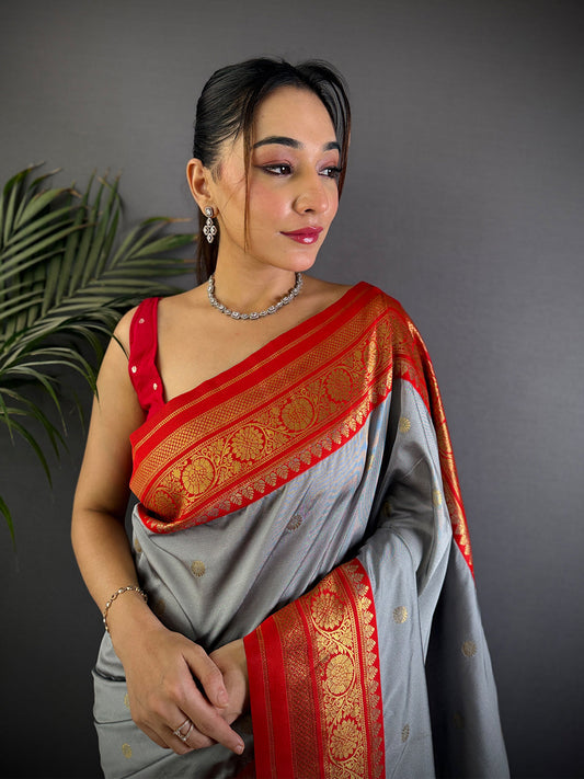 Regal Grey Gold Zari Butta Saree by My Store