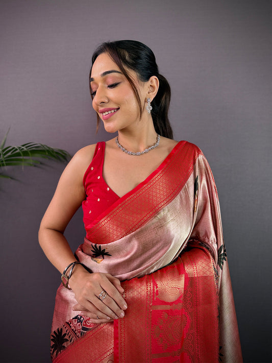 Elegance Soft Cherry Satin Kalamkari Print Saree by My Store