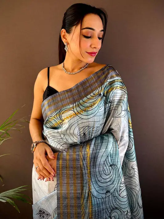 Blue Soft Silk Ocean Wave Patterns Saree
