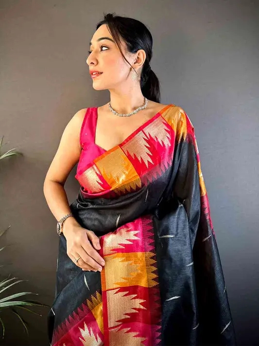 Black Banarasi Raw Silk Ikkat Saree