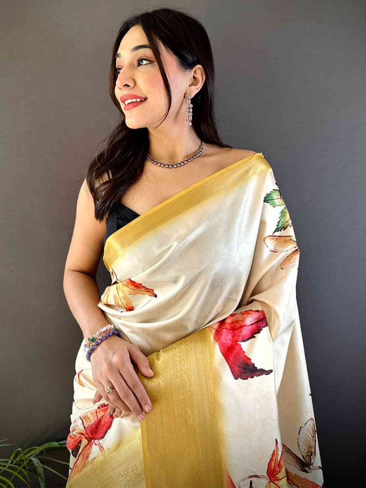 Cream Soft Silk Digital Leaf Print Saree by My Store