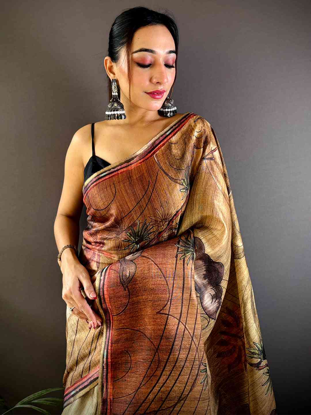 Brown Tissue Chanderi Floral Abstract Saree by My Store