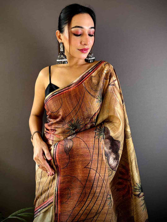 Brown Tissue Chanderi Floral Abstract Saree by My Store