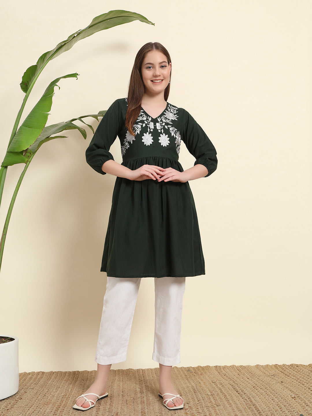 Chiknkari Green Short Kurti For Women