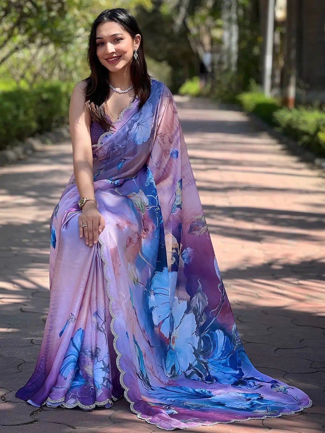Lust Lavender Satin Georgette Floral Print Saree by My Store