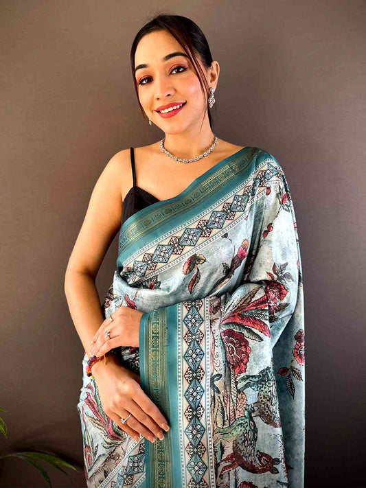 Sky Blue Soft Silk Kalamkari Print Saree by My Store