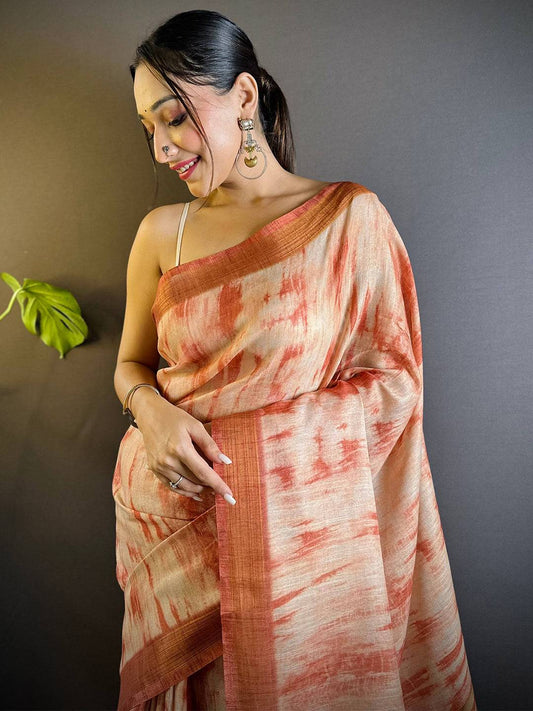 Rust Shibori Print Linen Saree by My Store