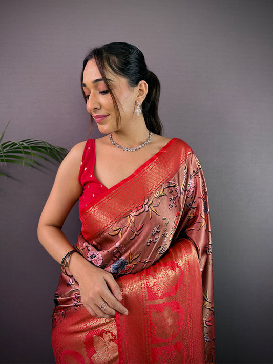 Ethereal Soft Cherry Satin Kalamkari Print Saree by My Store