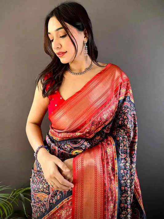 Black Mughal Kalamkari Print Pashmina Saree