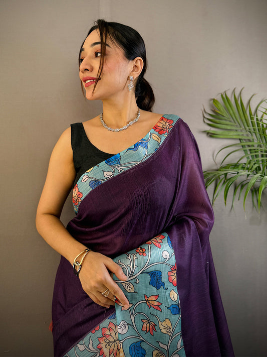 Purple Linen Kalamkari Print Saree by My Store