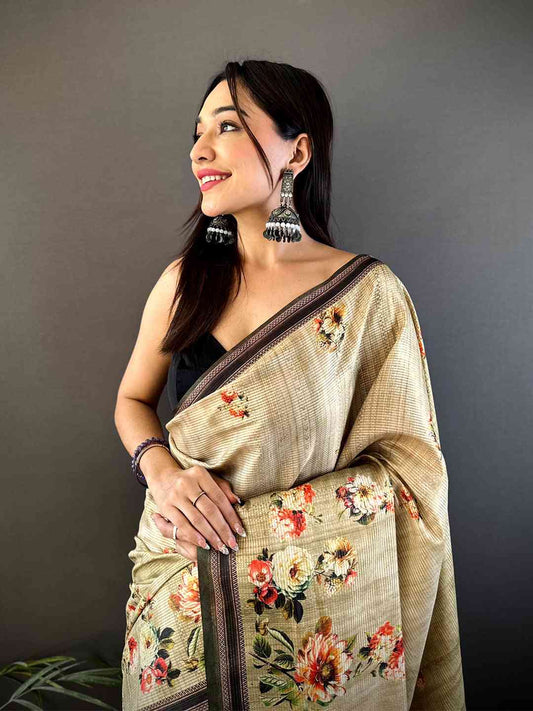 Floral Beauty in Beige Tussar Zari Saree by My Store
