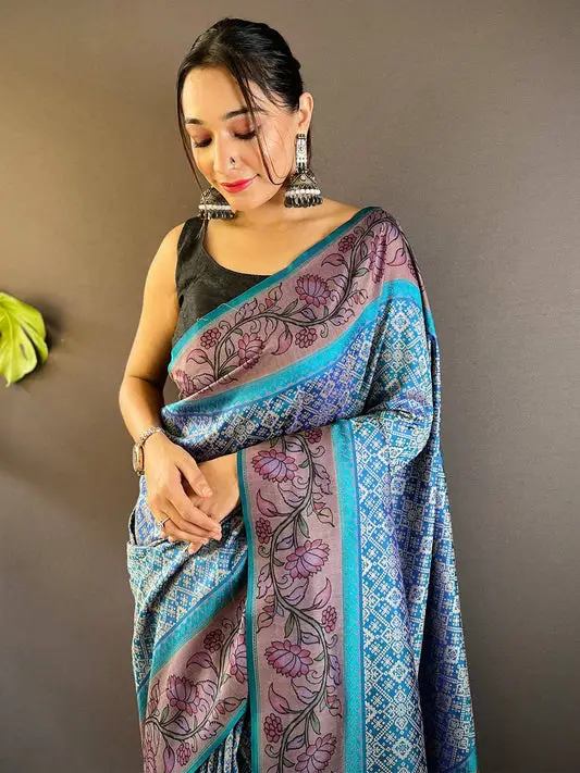Tufts Blue Patola And Kalamkari Fusion Saree