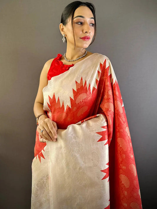 Red Ikkat Temple Soft Silk Saree by My Store