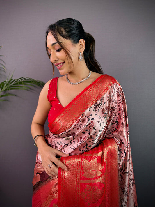 Radiant Soft Cherry Satin Kalamkari Print Saree by My Store
