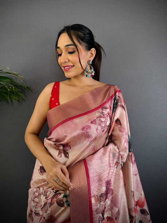 Radiant Pink Tussar Silk Digital Print Saree by My Store
