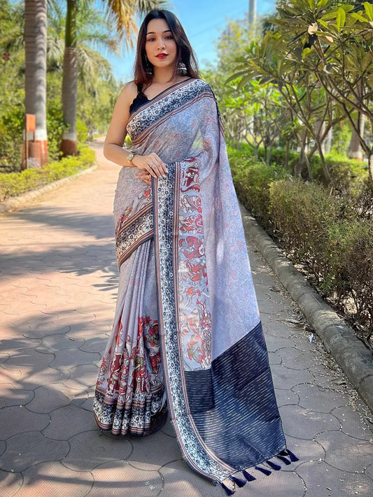 Satin Kota Doria Saree With Kalamkari Digital Print In Lavender Colour by My Store