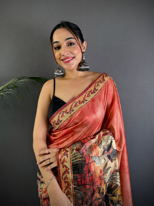 Red Soft Dola Silk Printed Saree by My Store
