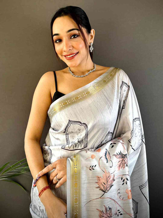 Grey Forest Phulkari Kalamkari Print Saree by My Store