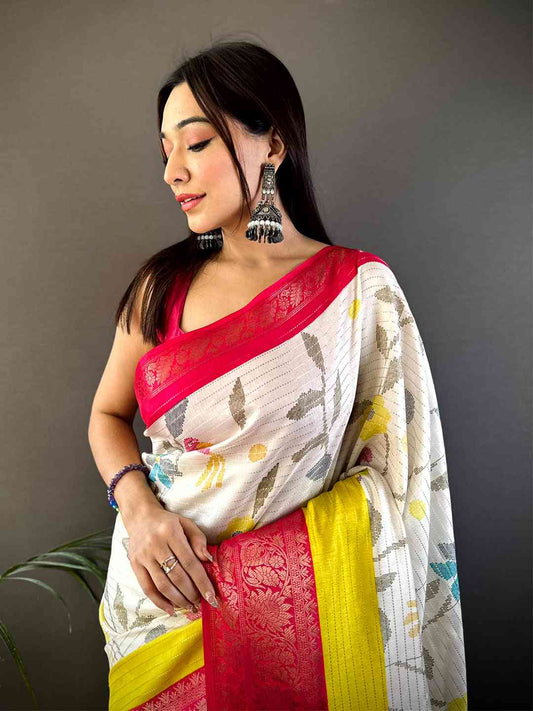 Pink Dola Silk Bird Print Saree by My Store