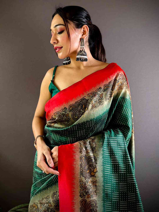 Green Soft Silk Kalamkari Pallu Saree by My Store