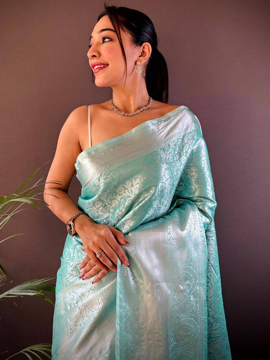 Sky Blue Banarasi Kanjivaram Silk Saree by My Store
