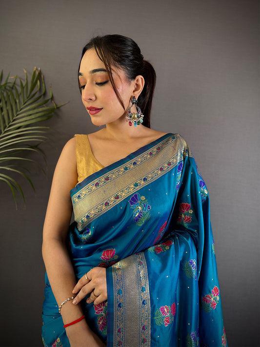 Sky Soft Silk Flowerport Minakari Saree by My Store