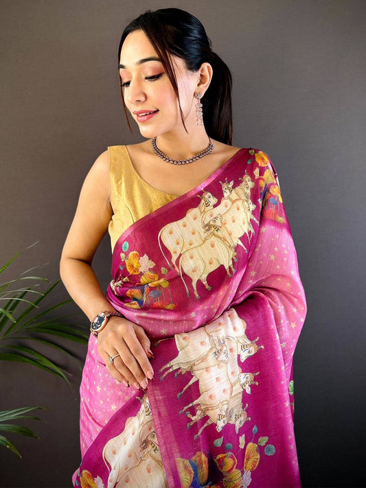 Pink Chanderi Pichwai Print Saree by My Store