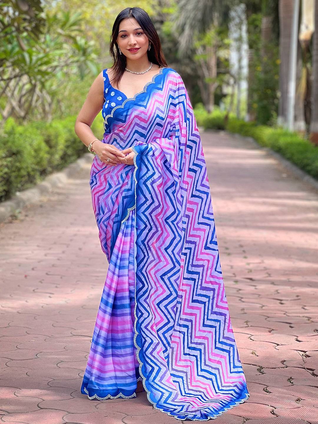 Stylish Leheriya And Striped Print Saree by My Store