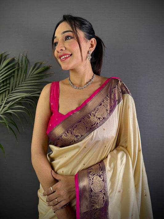 Cream Soft Kanjivaram Silk Gadwal Saree by My Store