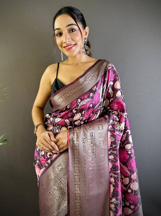 Rose Wine Soft Silk Kalamkari Saree by My Store