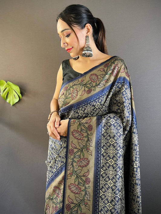 Navy Blue Patola And Kalamkari Fusion Saree by My Store