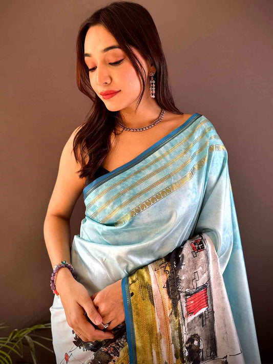 Sky Blue Japanese Freehand Digital Print Saree by My Store