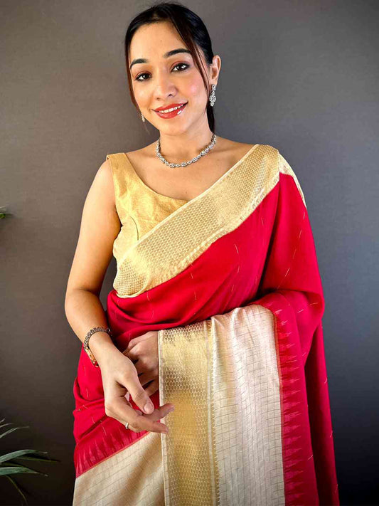 Red Zari Pallu Cotton Viscose Saree by My Store