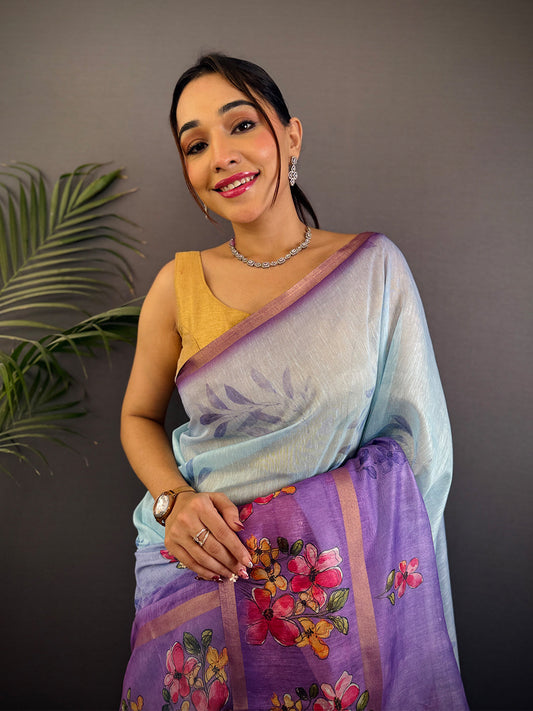 Sky Blue Linen Chanderi Floral Print Saree by My Store