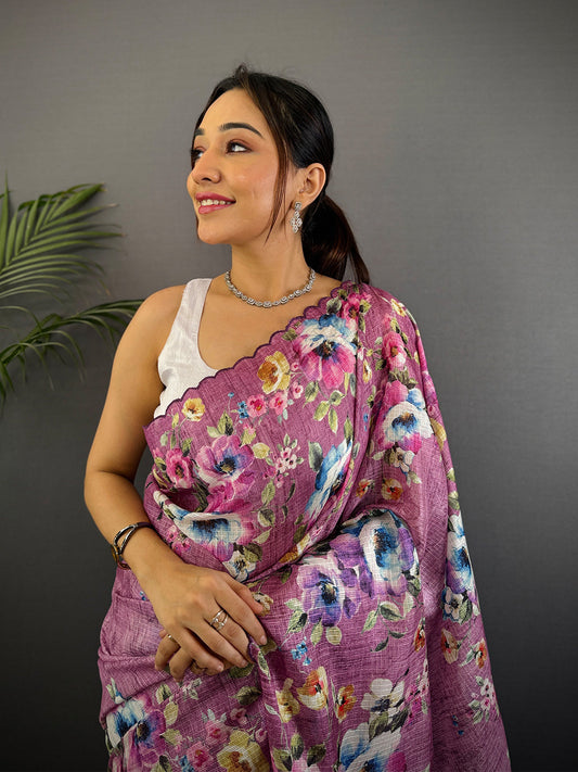 Dusty Rose Floral Cut Work Kota Saree by My Store