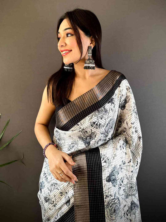 Elegant Black Check Floral Tissue Chanderi Saree by My Store