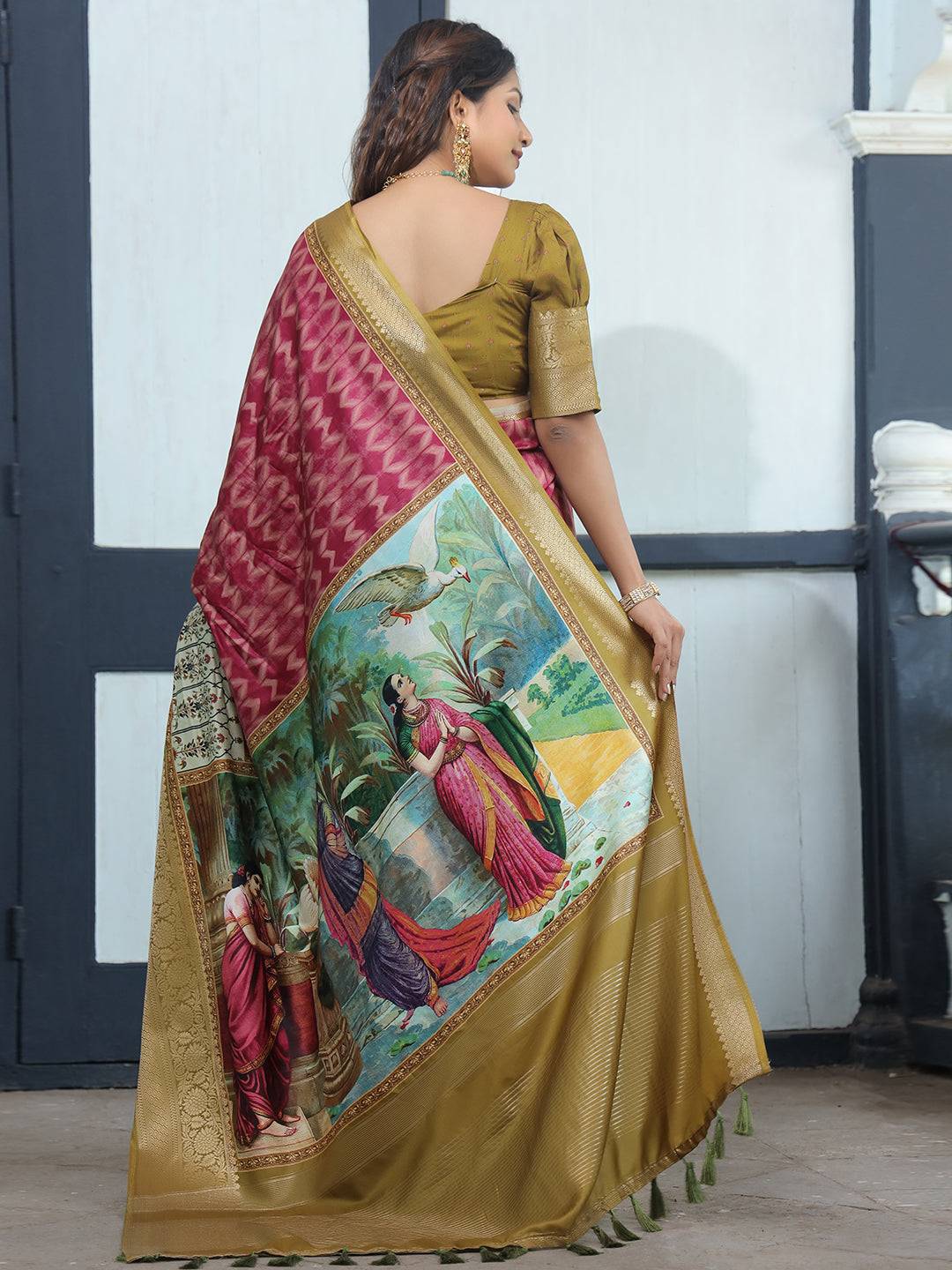 Magenta Pure Viscose Dola Silk Saree With Kalamkari And Mughal Print - Luxe by My Store
