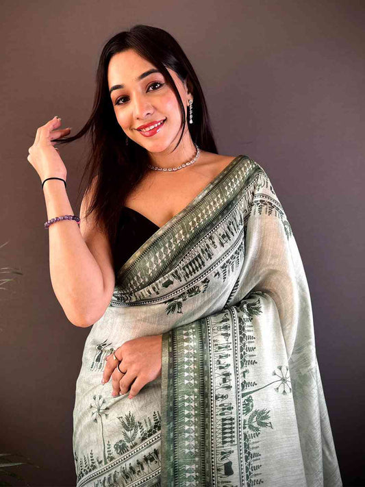 Sage Green Warli Art Tissue Chanderi Saree by My Store