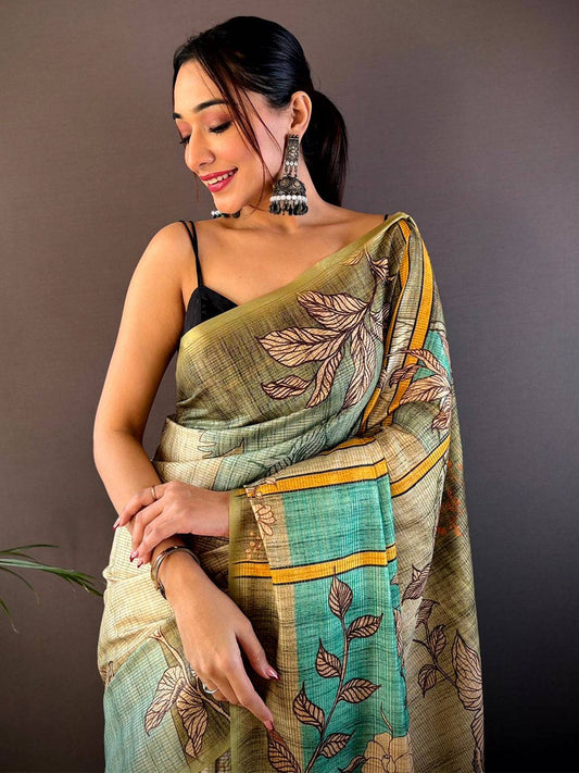 Green Abstract Floral Zari Tussar Saree by My Store
