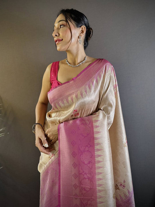 Digital Print Beige Color Silk Saree by My Store