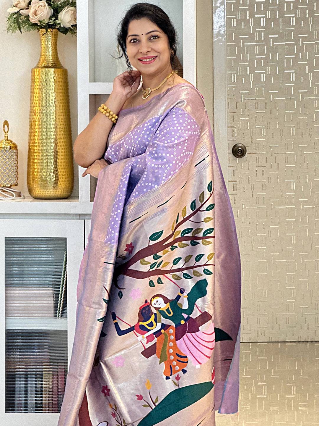 Lavender Soft Silk Bandhej Weaving Saree by My Store