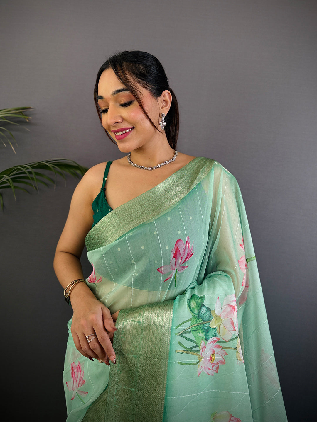 Mint Green Soft Organza Digital Print Saree by My Store
