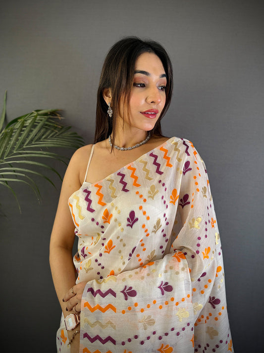 Cream Dhakai Jamdani Cotton Silk Saree by My Store