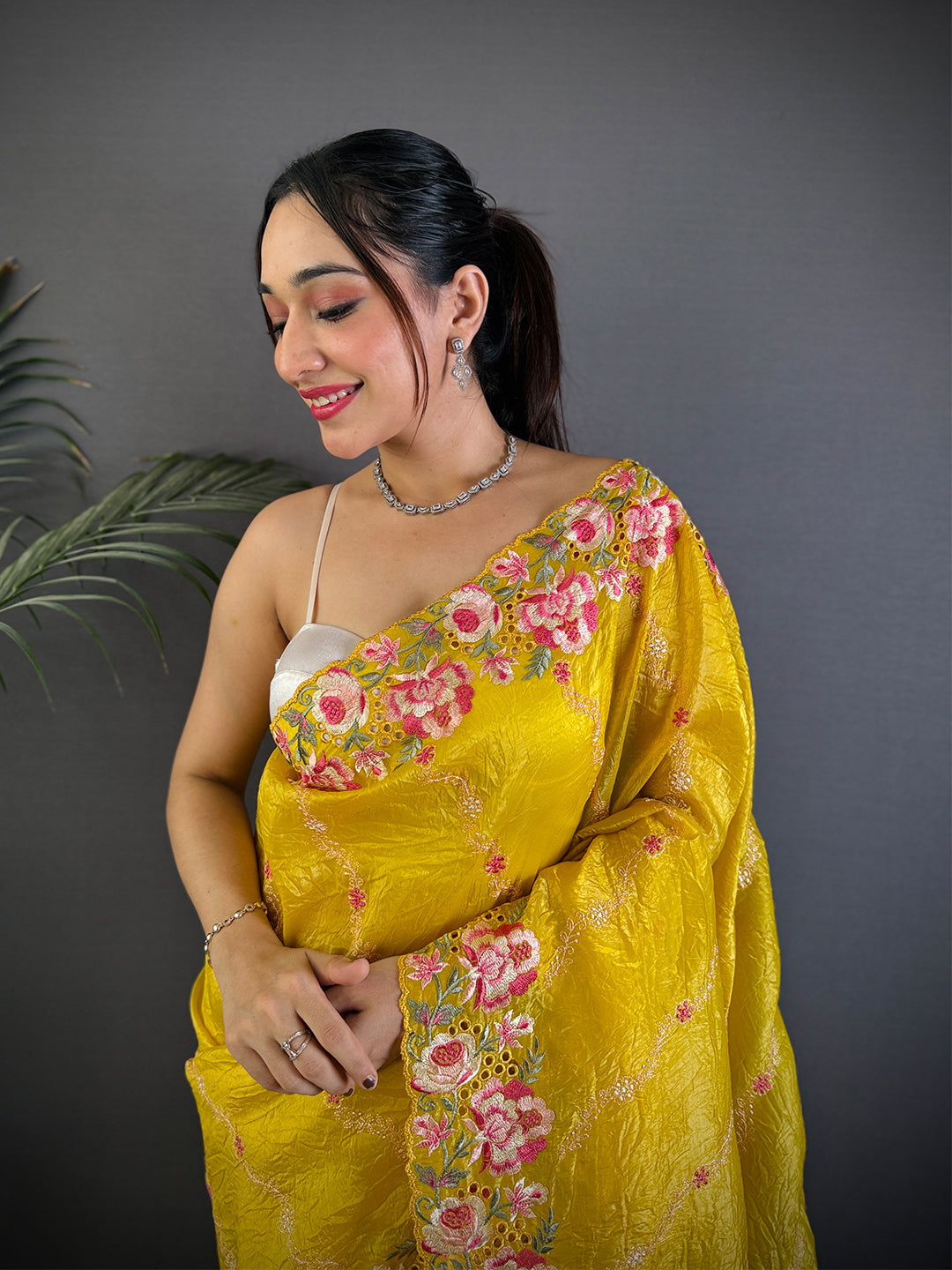 Yellow Crush Silk Embroidery Work Saree