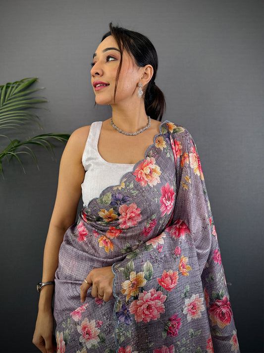 Dusty Lavender Floral Cut Work Kota Saree by My Store