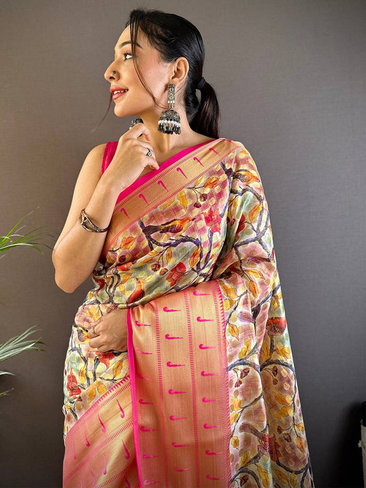 Cream Kalamkari Paithani Kora Silk Saree by My Store