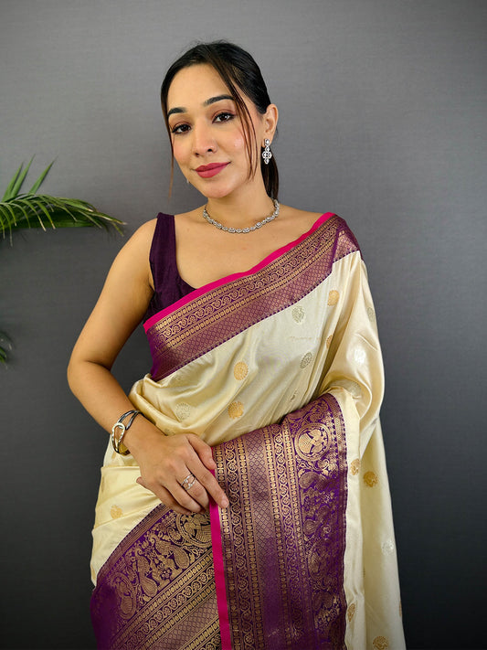 Soft Silk Contrast Colour Kanjivaram Border Saree by My Store