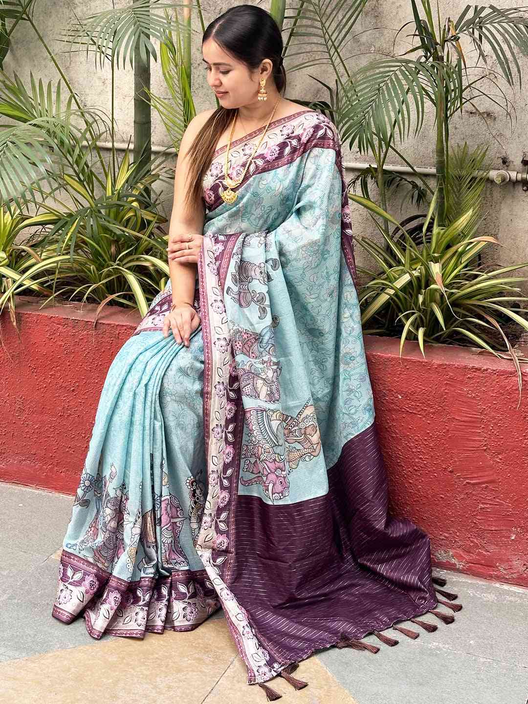 Turquoise Colour Satin Kota Doria Digital Kalamkari Zari Pallu