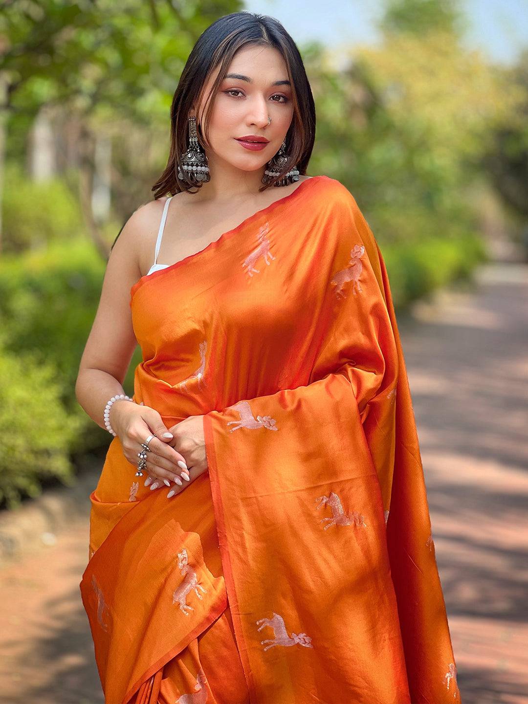 Orange Soft Silk Saree With Postar Weaving Zari Pallu by My Store