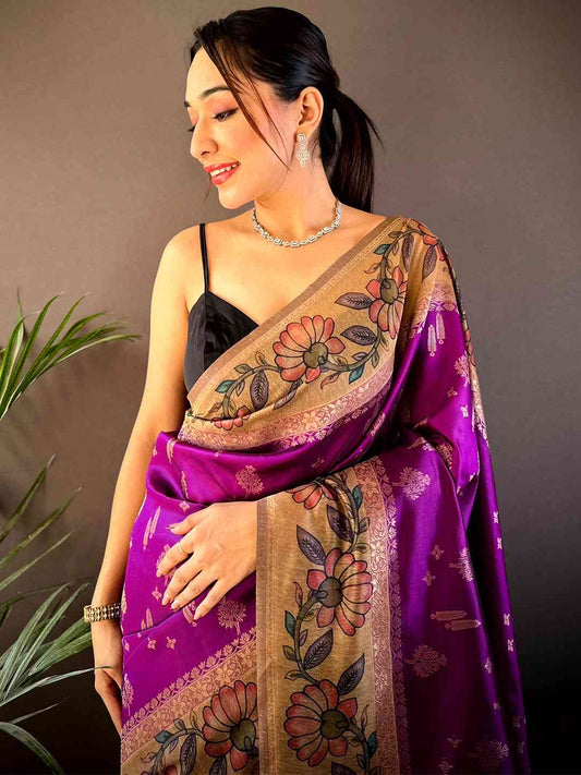 Purple Soft Silk Kalamkari Printed Pallu Saree by My Store